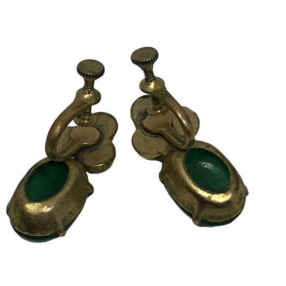 Vintage Screw Back Earrings Clear Rhinestones Green Glass Center Dangle Drop - Picture 6 of 8